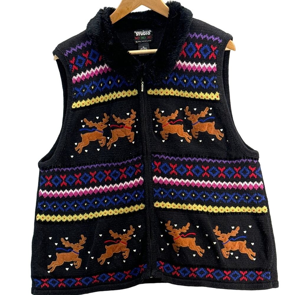 Designers Originals Vintage Reindeer Zip Christmas Holiday Sweater Vest Women XL